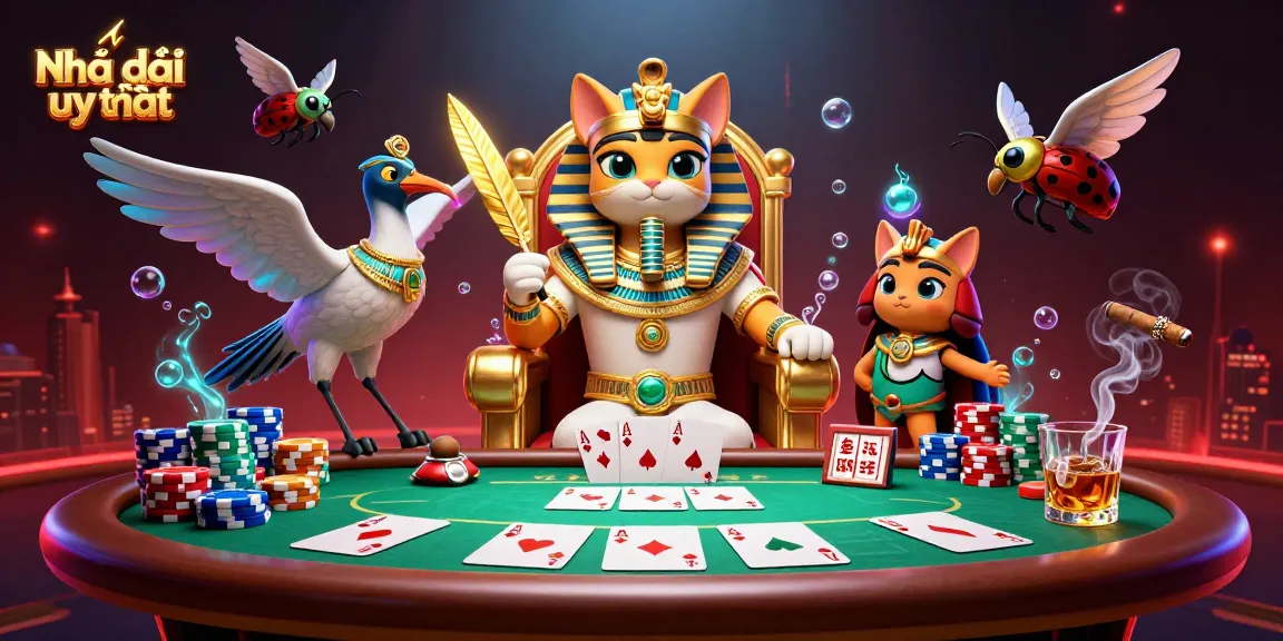 Engage with Nhà cái uy tín, a vibrant 3D casino scene showcasing a pharaoh cat, poker chips, and glowing details.