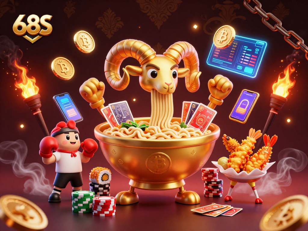 O 68S apresenta uma divertida cena de cassino com um ramen gigante, gyoza em luvas de boxe, e elementos de criptomoeda.