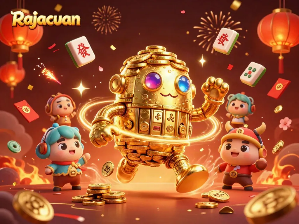 Engage with Rajacuan's vibrant gaming world featuring golden golems and festive decorations.