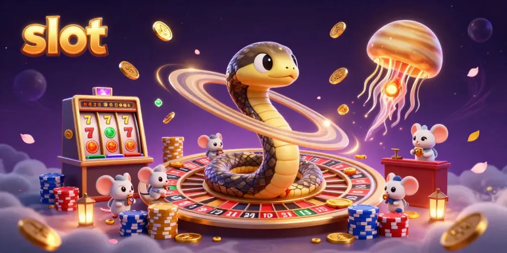 Spin the slot with vibrant coins and mice gamblers in a cosmic casino scene.