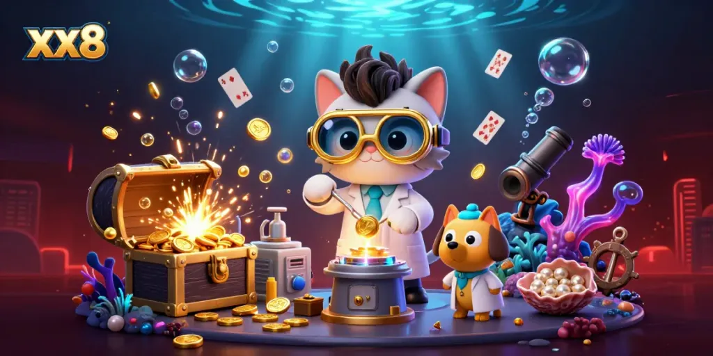 Experience the excitement of xx8 with a dazzling scene of a mad scientist cat and dog creating riches.