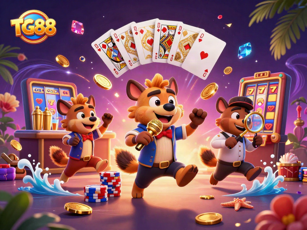 The TG88 casino scene showcases hyenas in a vibrant comedy club, mixing drinks and checking IDs.