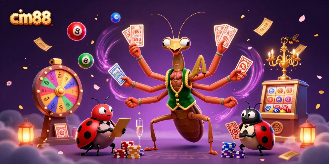 Engaging scene with cm88's iconic characters like the mantis card sharp and ladybug pit boss surrounded by dynamic lottery elements.