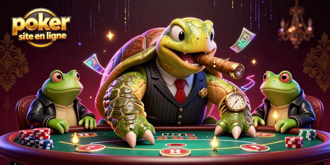 Jouez sur un site de poker en ligne avec des personnages captivants et une scène de casino vibrant.