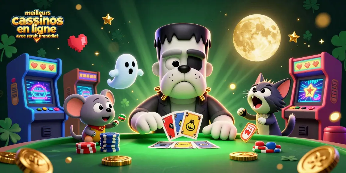Jouez dans les meilleurs casinos en ligne avec retrait immédiat, illustration dynamique de personnages de jeu et éléments de casino.
