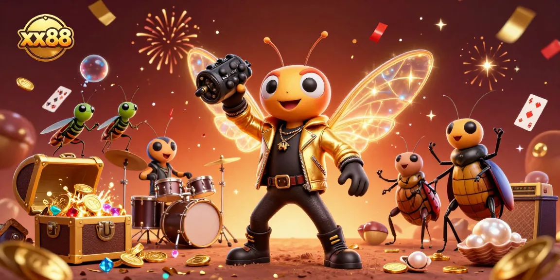 Gamble big at xx88 with a vibrant 3D casino illustration featuring lively characters and rich gaming elements.