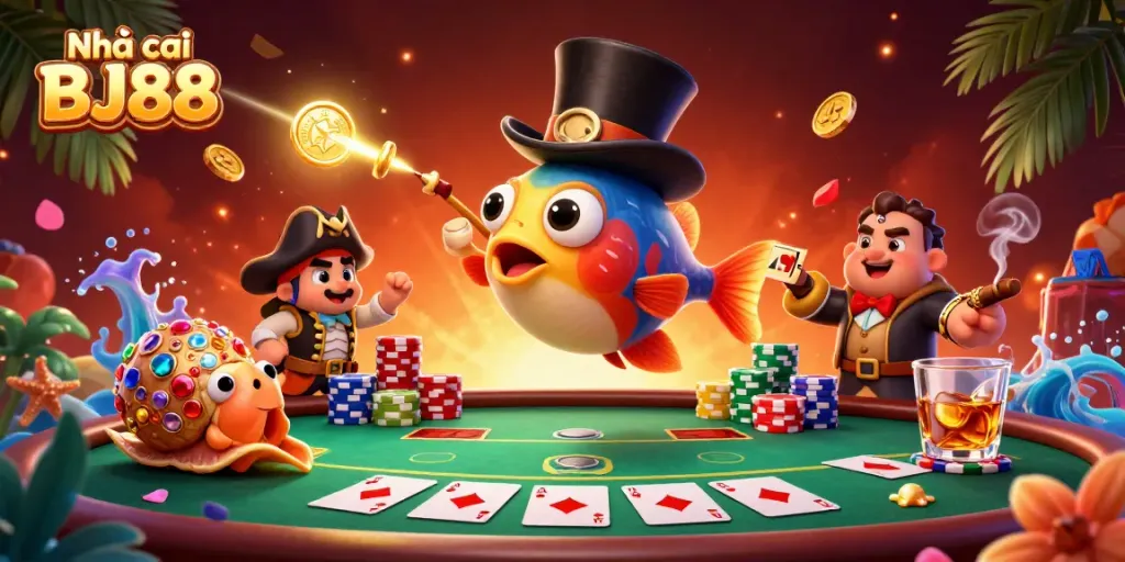 Join the fun at Nhà cái BJ88, where a deep-sea anglerfish, pirate shrimp, and gem snail engage in thrilling poker.