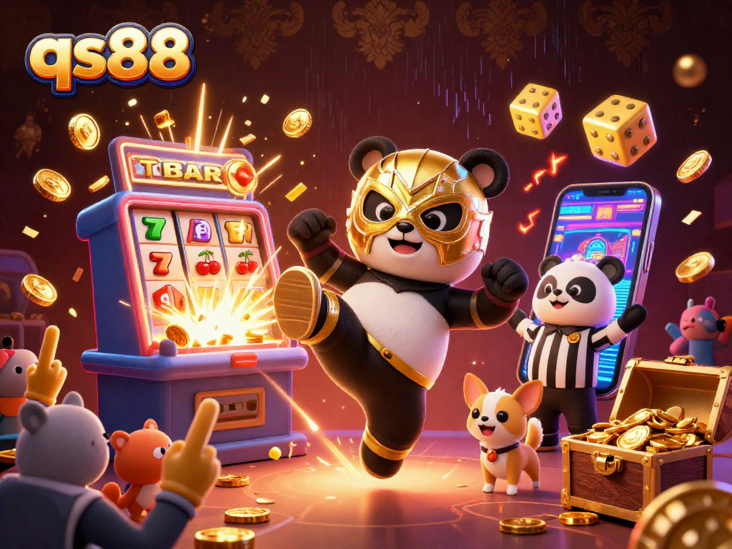 qs88 shows an exciting casino scene featuring a panda wrestler and playful animals celebrating big wins.