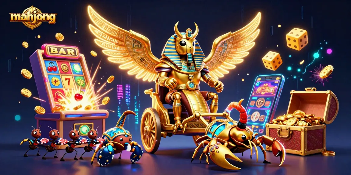 Experience mahjong excitement with a colossal golden scarab beetle and casino action elements!
