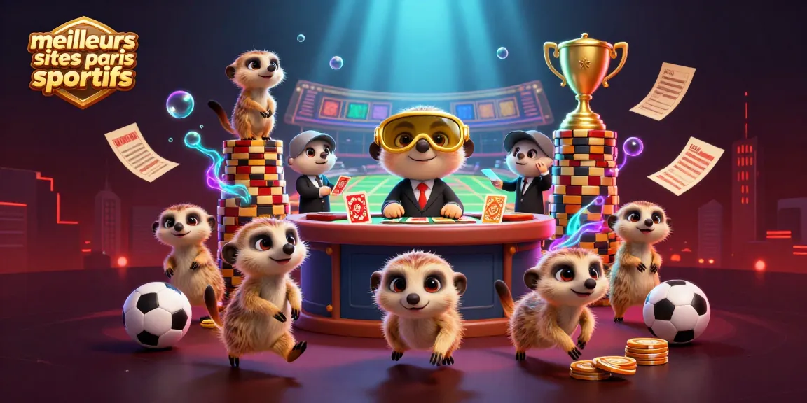 Scène dynamique de suricates gérant un casino avec les meilleurs sites de paris sportifs en arrière-plan, entourés de trophées et de billets de pari.