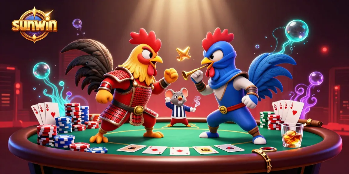 Engage in thrilling gameplay with sunwin, featuring epic rooster showdowns amidst vibrant poker elements.