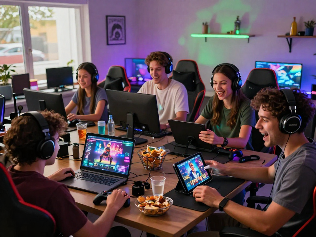 Players enjoying immersive porngame experiences on various devices in a vibrant gaming lounge.