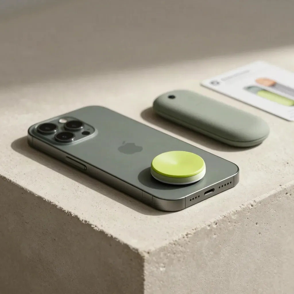 Matte phone, alert puck, and cradle on warm concrete with soft lime glow.