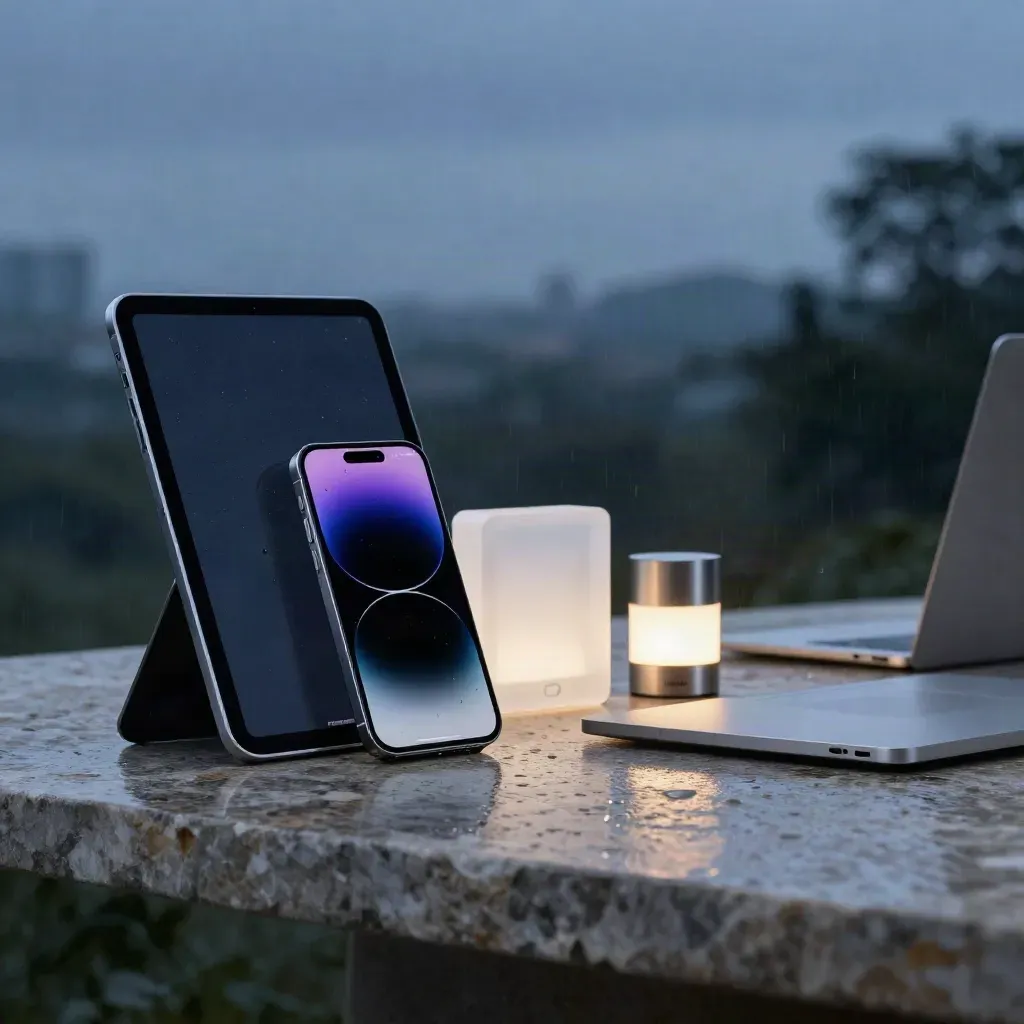 Device stack with tablet, phone, laptop and alert block on wet limestone at blue hour.