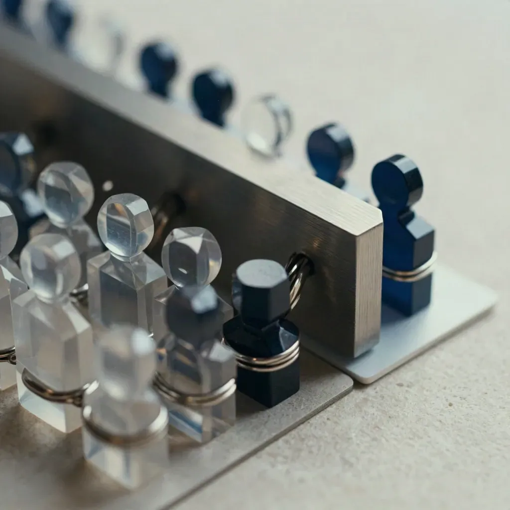 Macro cluster of translucent segmentation blocks, rings, and brushed aluminum on pale stone with navy accents.