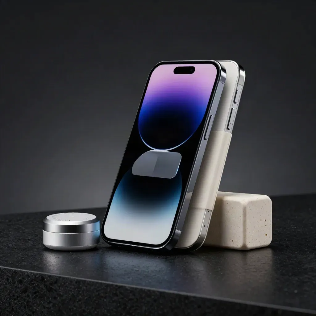Promo bundle of phone, browser tile, and sleeve on dark stone with blue glow.
