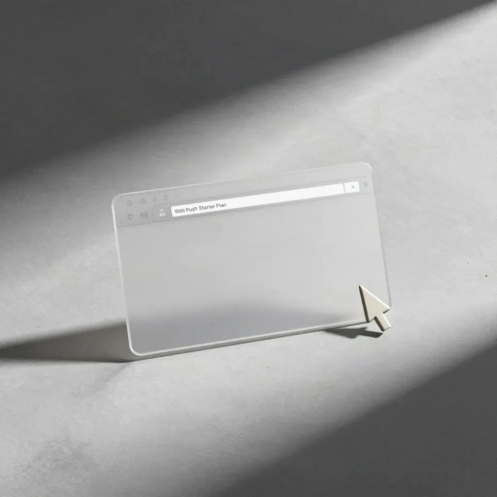 Frosted browser slab, notification puck, and cursor chip on cool concrete, overhead flatlay