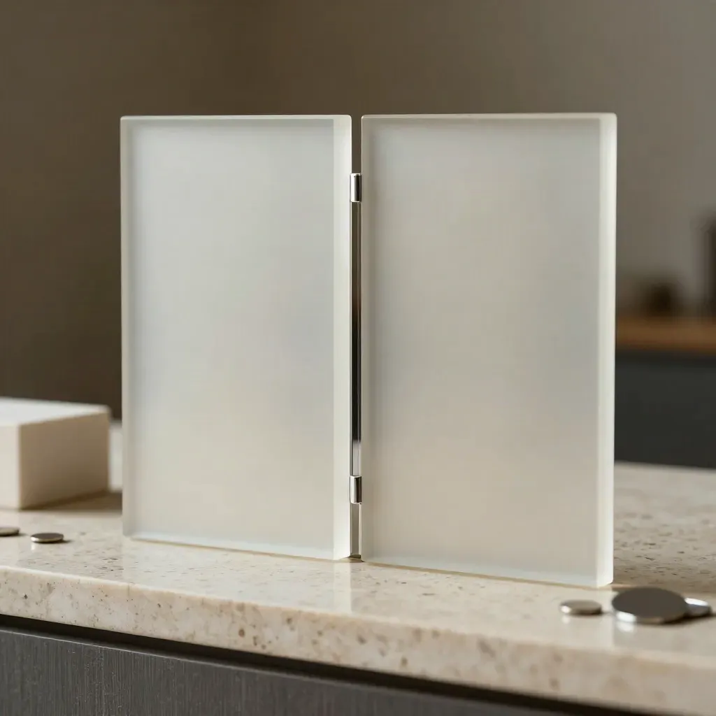 Two frosted panels and a chrome spacer on travertine, with one brighter tile.