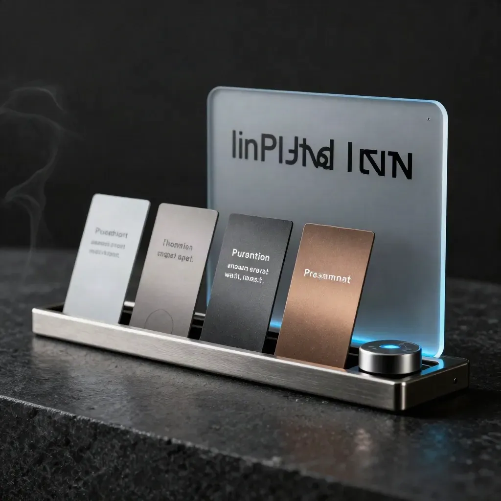 Four message cards, timer puck, and metal rail on dark stone with blue glow