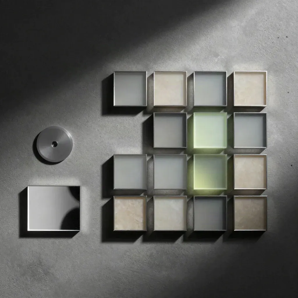 Overhead flatlay of reflective analytics bars, a beacon disc, and a mirrored block on concrete.