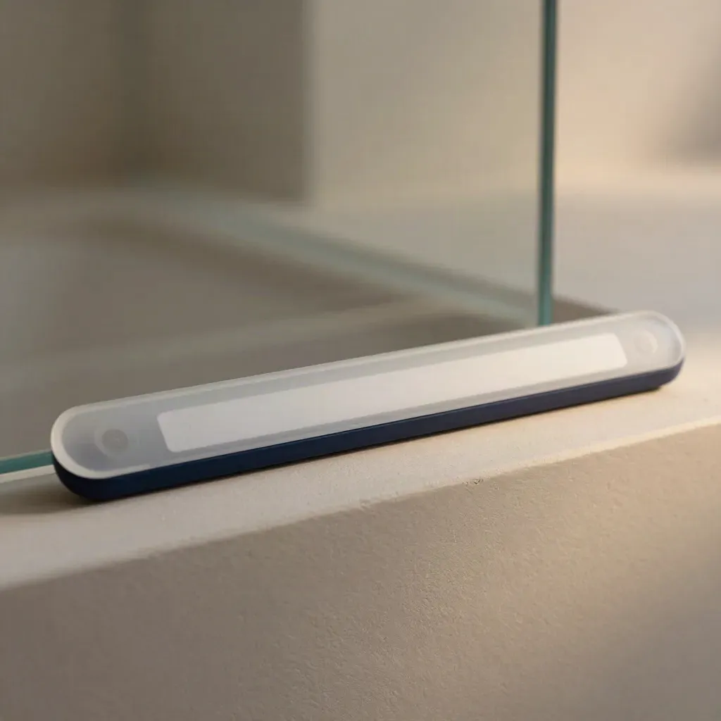 Frosted subscriber opt-in bar with navy accent on a pale plaster ledge in soft haze