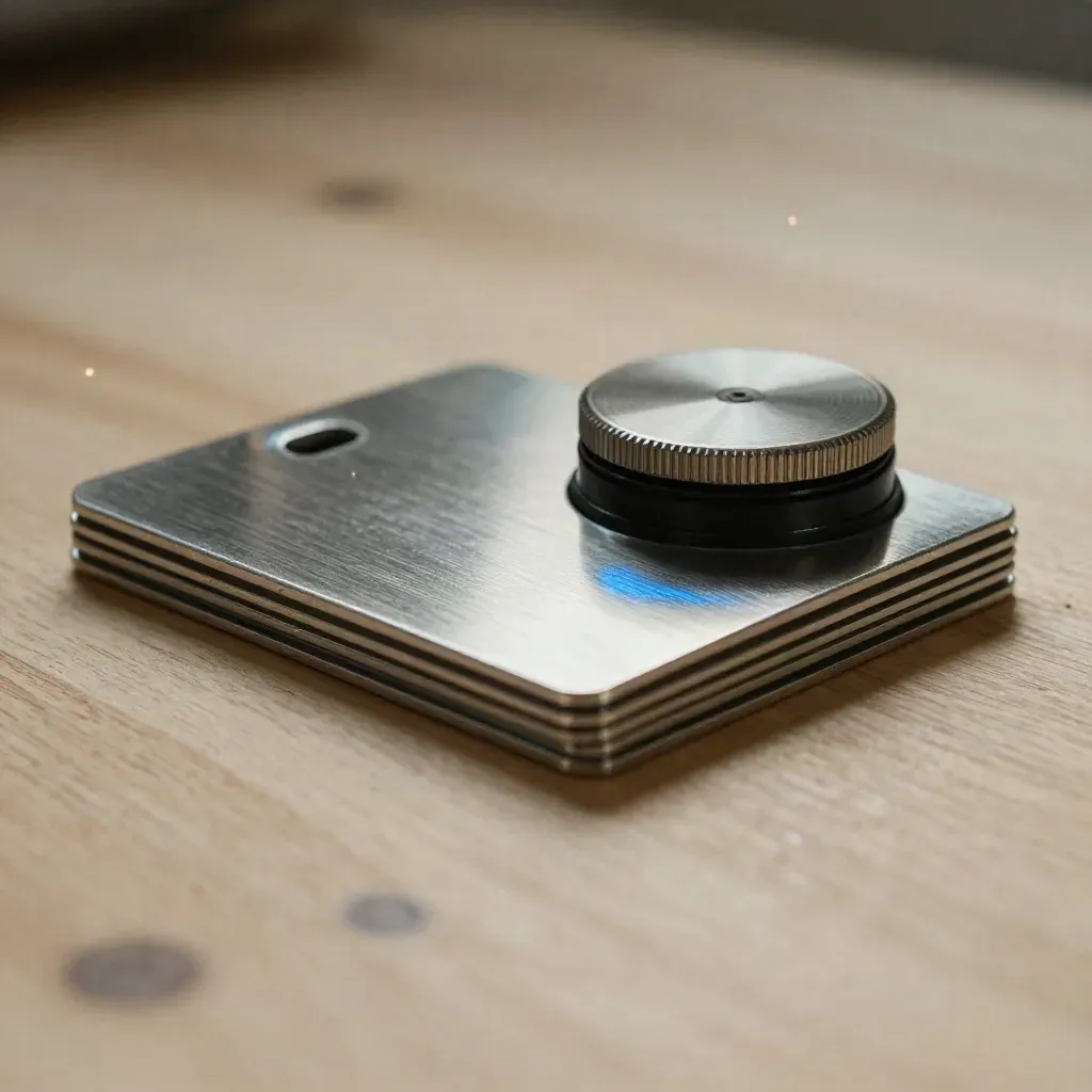 Brushed-aluminum alert puck and folded tile on pale oak, lit softly from above.