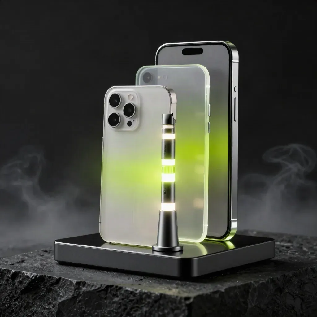 Translucent alert panels, a phone plate, and beacon tower glowing on a dark studio plinth.