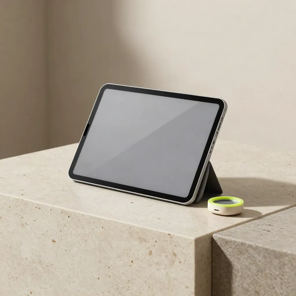 Compact tablet dashboard hero on travertine with a lime accent node