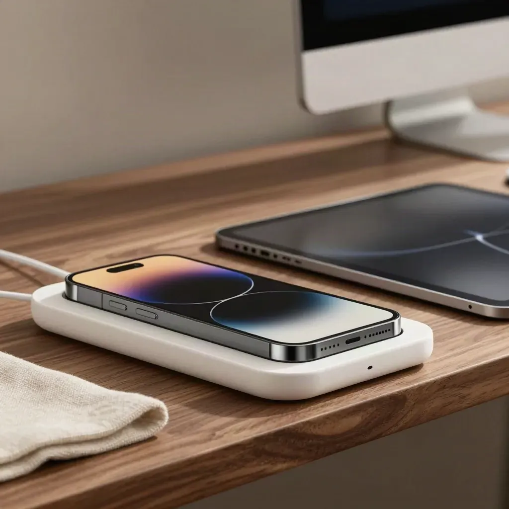 Phone and tablet beside a charging cradle on a warm walnut shelf, softly lit and cinematic.