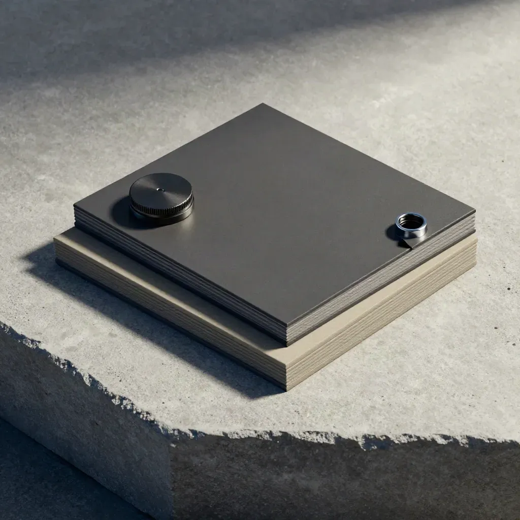 Overhead flatlay of stacked campaign tiles with alert puck and chrome spacer on pale concrete.