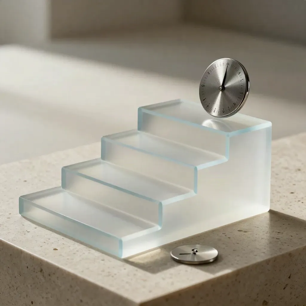 Frosted acrylic stair set with a timer disc and save token on pale stone, softly lit.