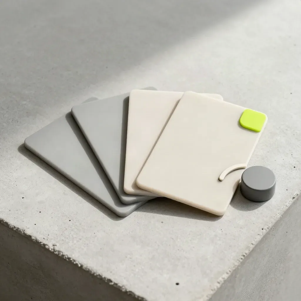 Overhead fan of five message tiles and a beacon puck on pale concrete.