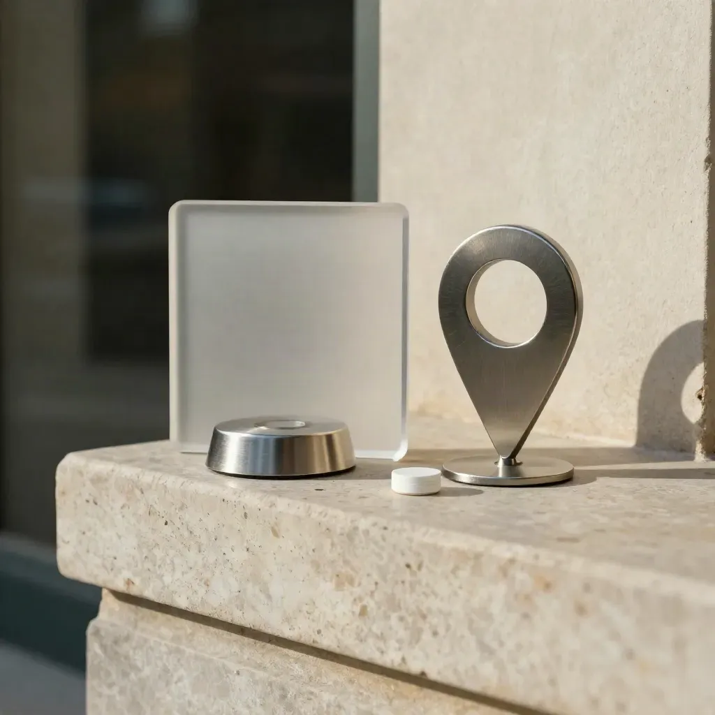 Frosted alert tile, beacon puck and location disc on limestone with soft storefront blur