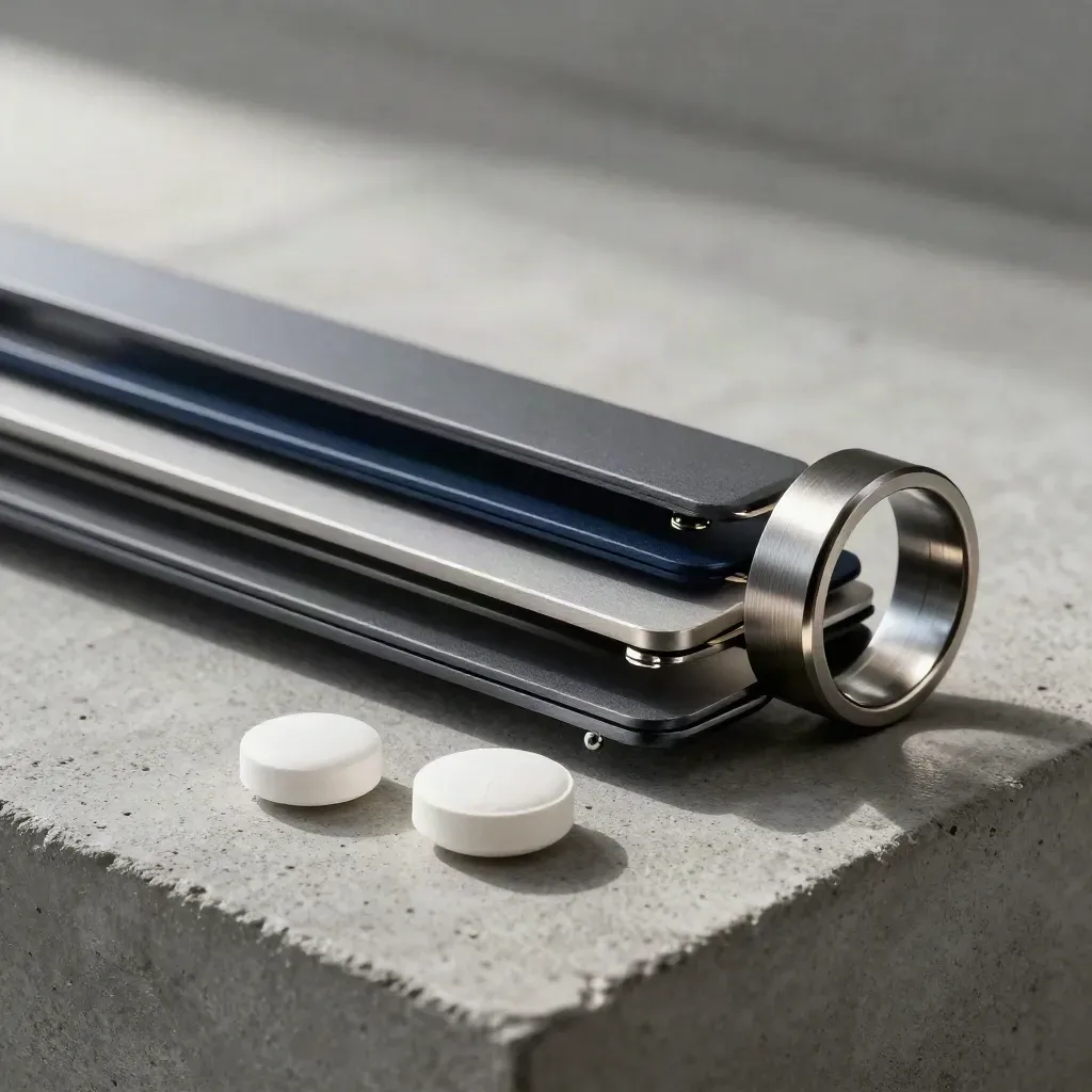 Macro of modular SaaS tablets and hub ring on cool stone, fanning across the frame.