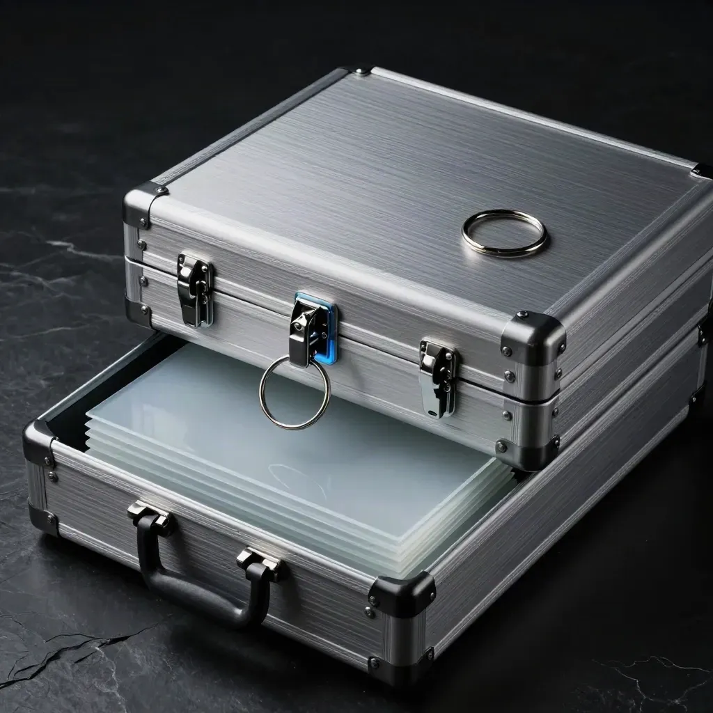 Locked enterprise audit case with frosted panels and an SSO ring on matte-black stone.