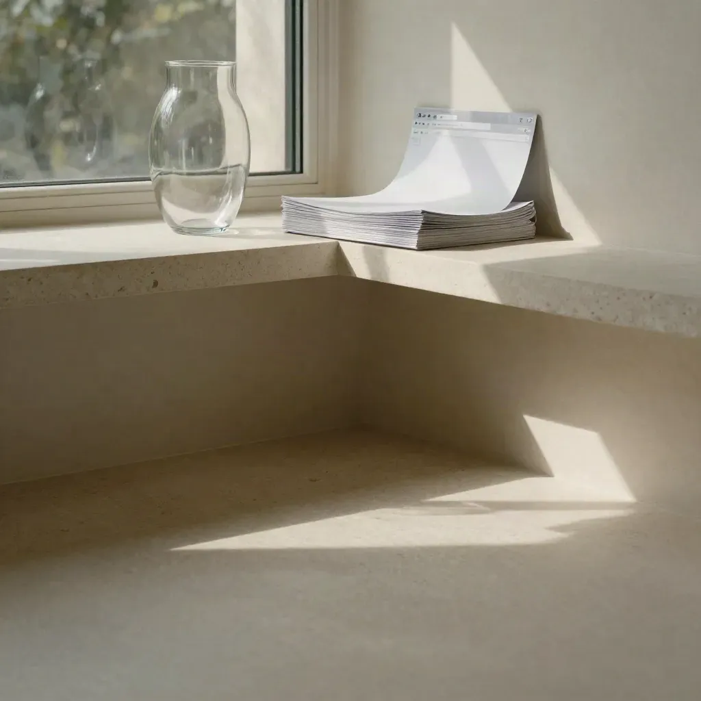 Sunlit limestone shelf with glass vase and folded paper stack in a pale conservatory.