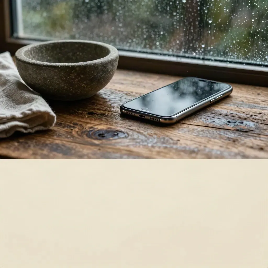 Rain-speckled window above weathered oak with stone bowl, linen, and a dark phone in soft light