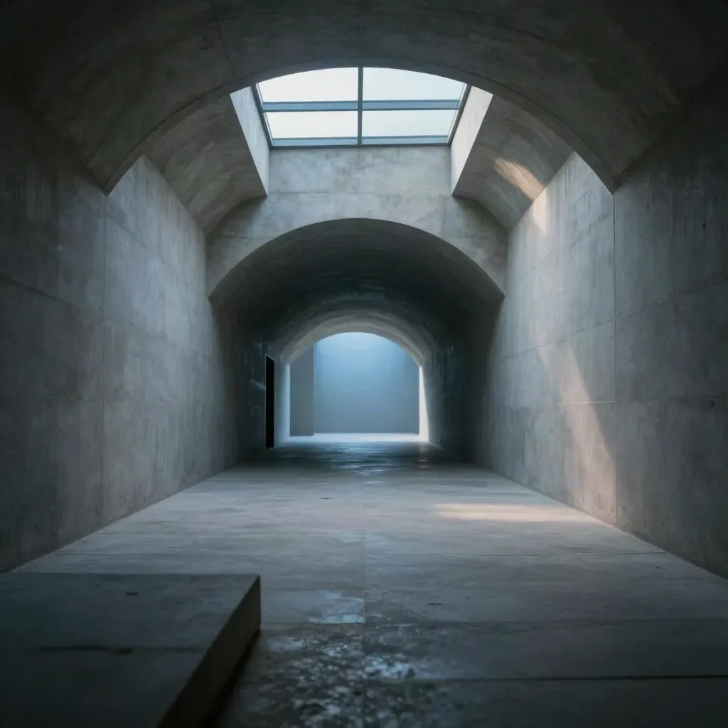 Blue-hour concrete corridor with arched skylight, reflective opening, and calm floor space.