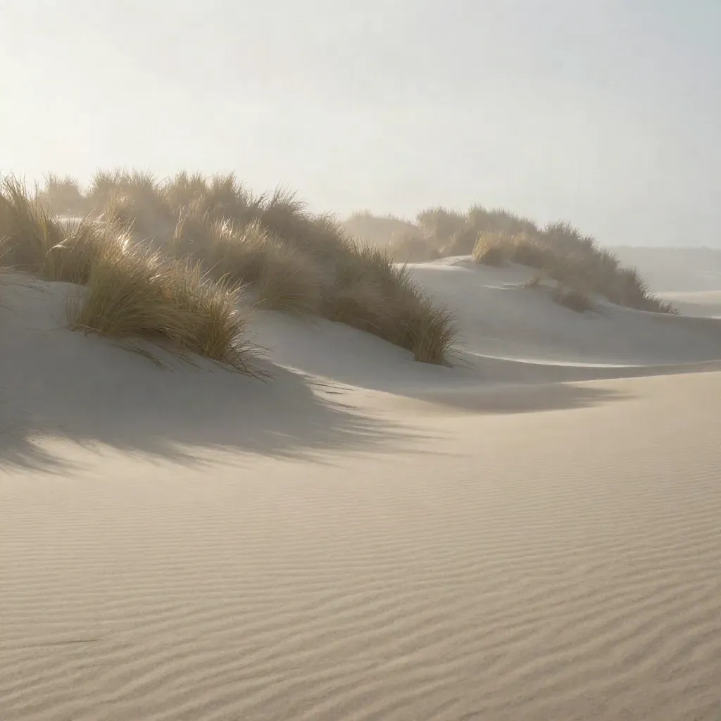 Misty dune ridge at sunrise with pale grass heads and calm sand below.