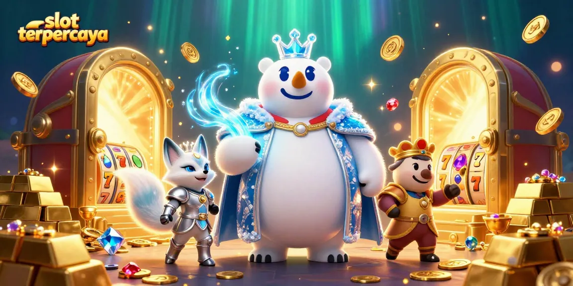 Menggali jackpot besar di slot terpercaya dengan raja beruang kutub dan rubah bersenjata di latar belakang yang megah.