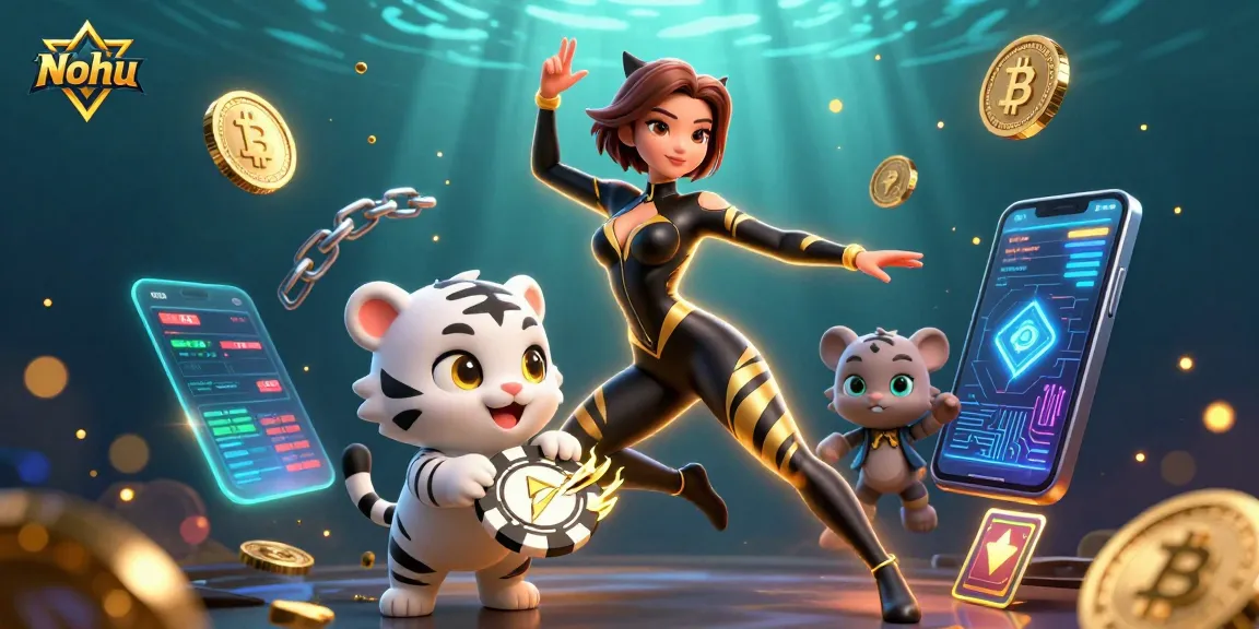 Nohu gaming illustration featuring a woman in a sleek catsuit and a baby tiger, surrounded by glowing coins and jackpot elements.