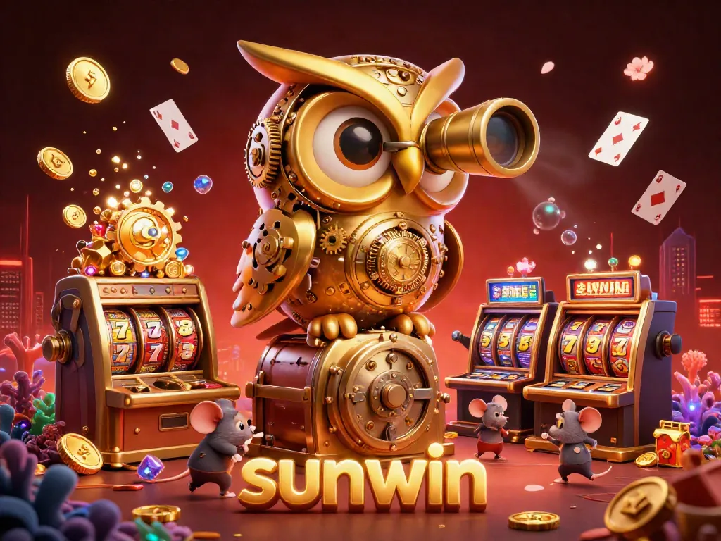 Experience sunwin's exciting casino atmosphere with a dynamic scene featuring a golden owl and whimsical casino elements.