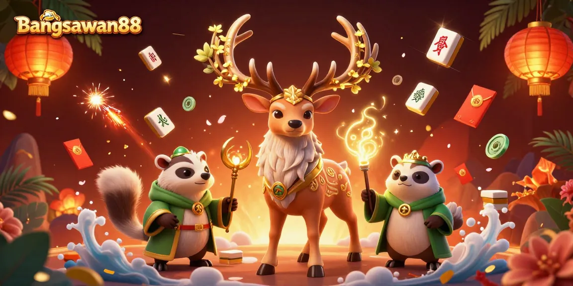Bangsawan88 showcases an engaging casino scene with animated characters, mahjong tiles, and festive elements.
