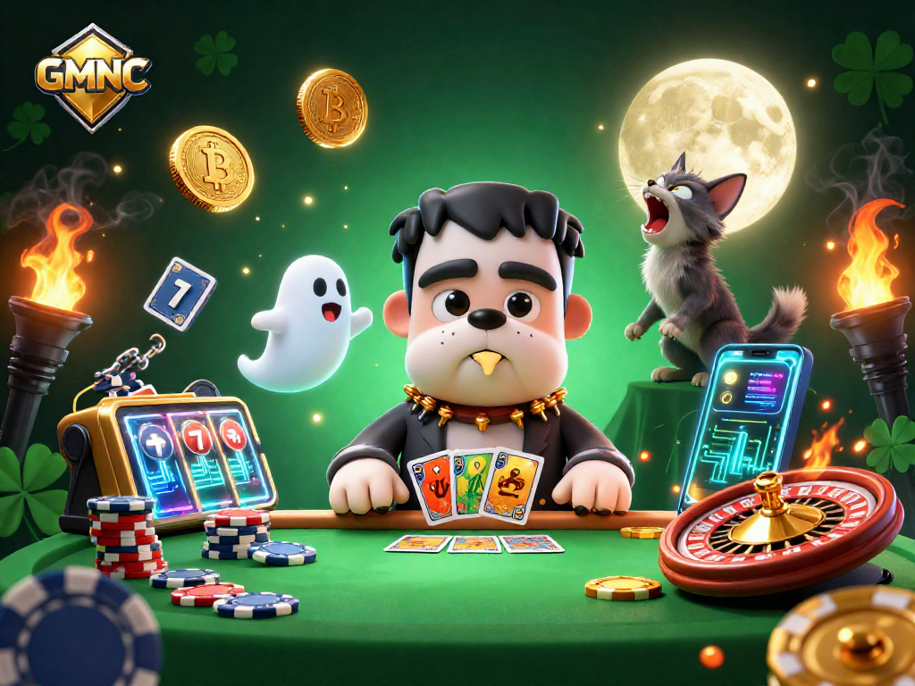 Experience GMNC with a lively, animated casino scene featuring a Frankenstein bulldog and crypto elements.