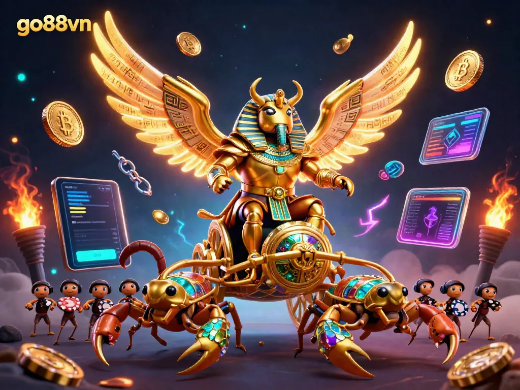 Experience thrilling action in go88vn with a dynamic scene featuring a golden beetle and scorpions amidst cryptocurrency.