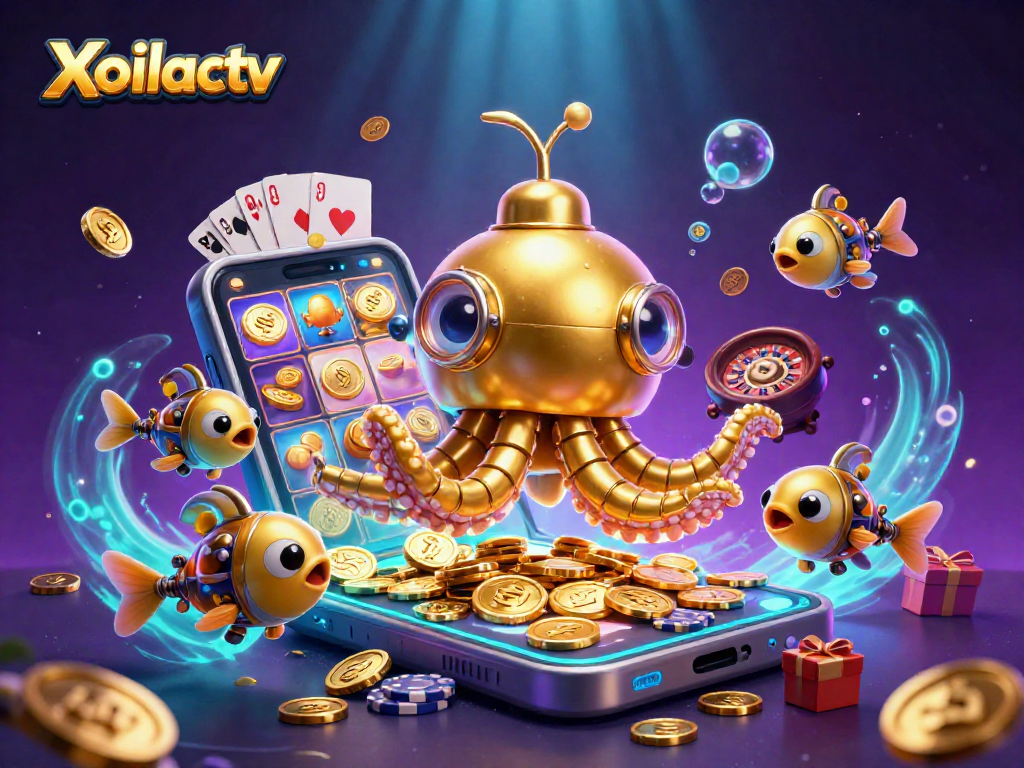 Xoilactv showcases a golden kraken submarine amidst coins, slot games and casino elements.