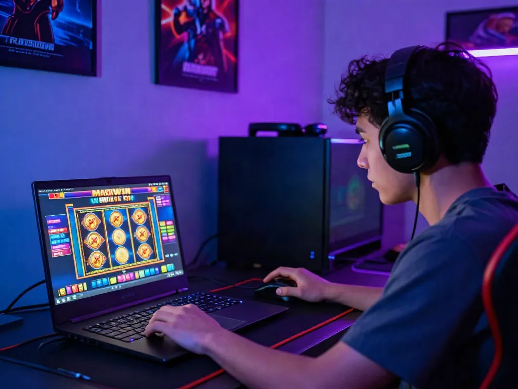 Engaging gamer immersed in slot maxwin games using laptop in stylish gaming room.