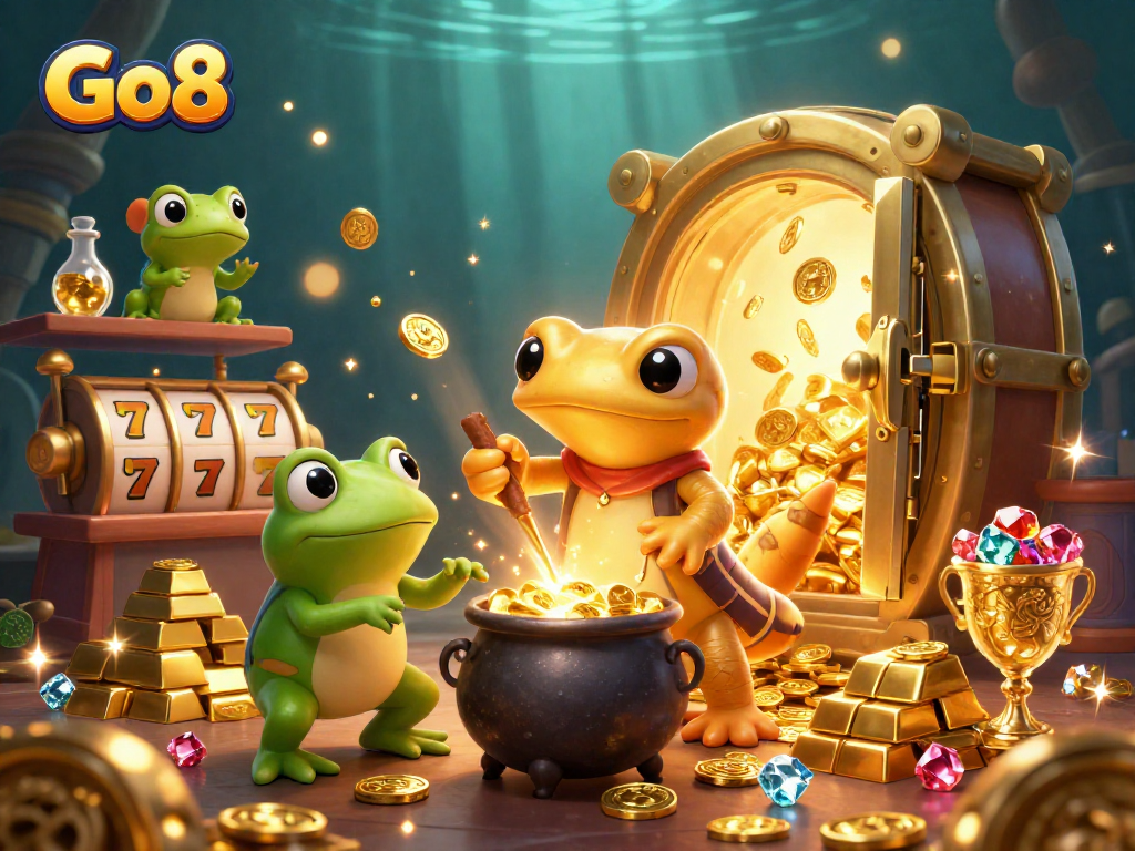 Experience thrilling wins at Go8 by spinning slot reels amidst a golden alchemist's treasure