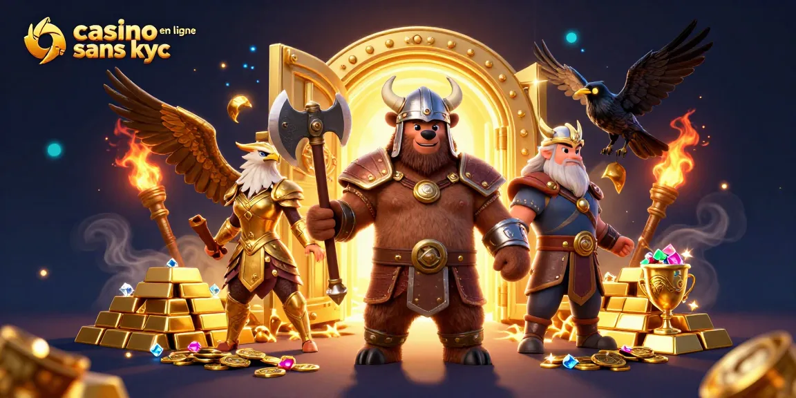 Profitez de jeux de casino en ligne sans kyc avec un ours viking puissant et un aigle valkyrie, entourés de trésors scintillants.