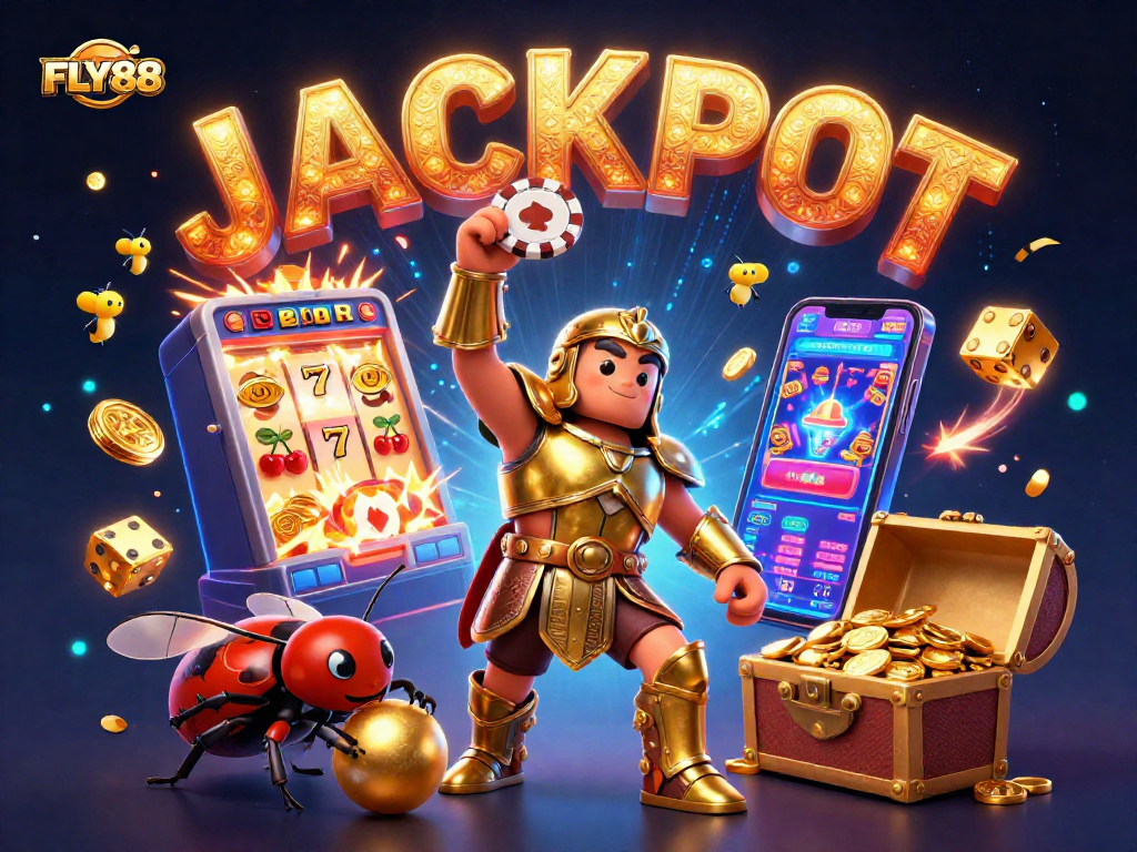 FLY88 showcases an epic casino scene with a beetle hero and dynamic gaming elements.